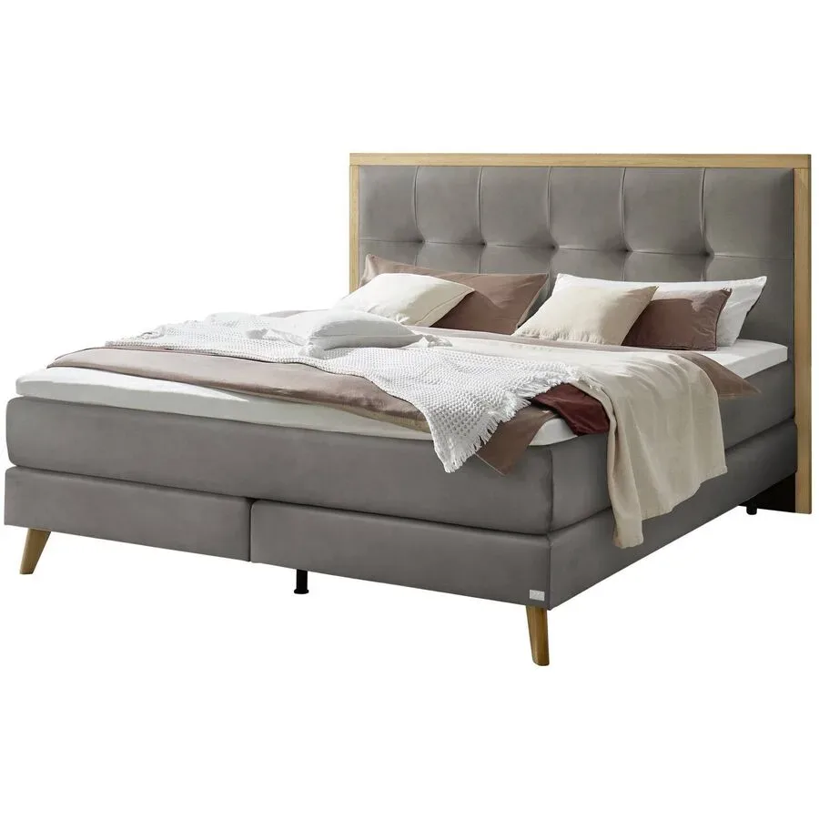 Hasena Boxspringbett Marisol Grau/Braun Stoff/Holz/Holzwerkstoff 160 x 200 cm - Farbe: stahl/natur - Material: Stoff/Holz/Spanplatte - Boxspringbett
