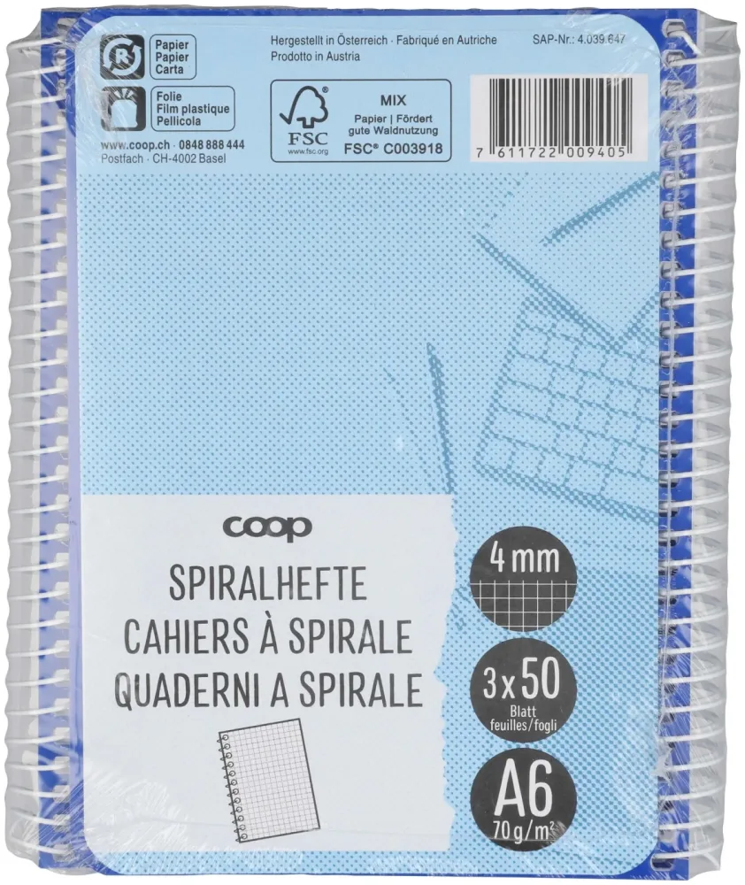 Coop Spiralhefte A6 4mm kariert ohne Rahmen 3 Stück