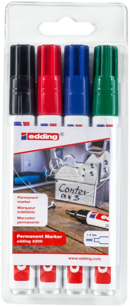 edding 3300 Keilspitze Permanentmarker Breit Keilspitze 5 mm Farbig assortiert Nachfüllbar 4 Stück