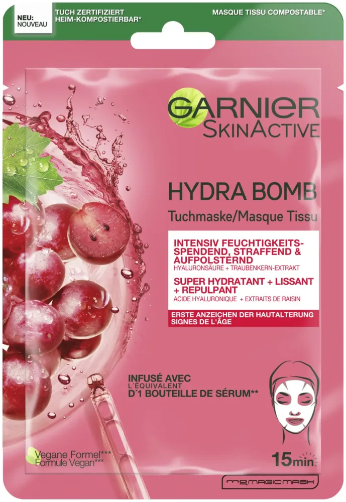 Garnier Hydra Bomb Tuchmaske gegen erste Anzeichen der Hautalterung, instensiv straffende & feuchtigkeitsspendende Maske; 32g