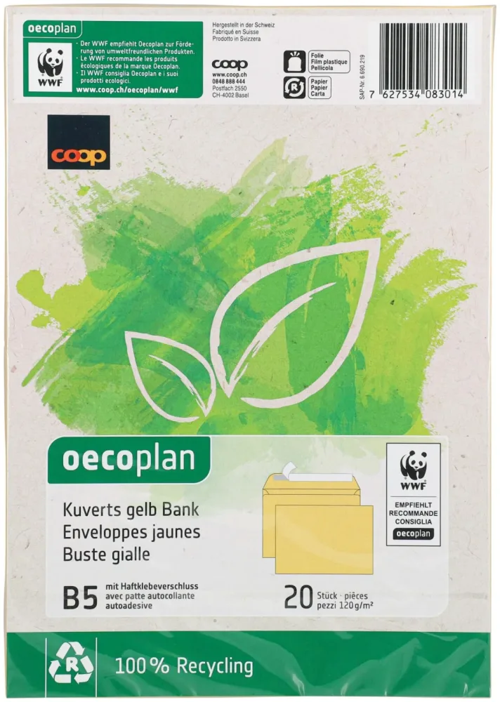 Oecoplan Kuvert B5 Gelb Bank ohne Fenster