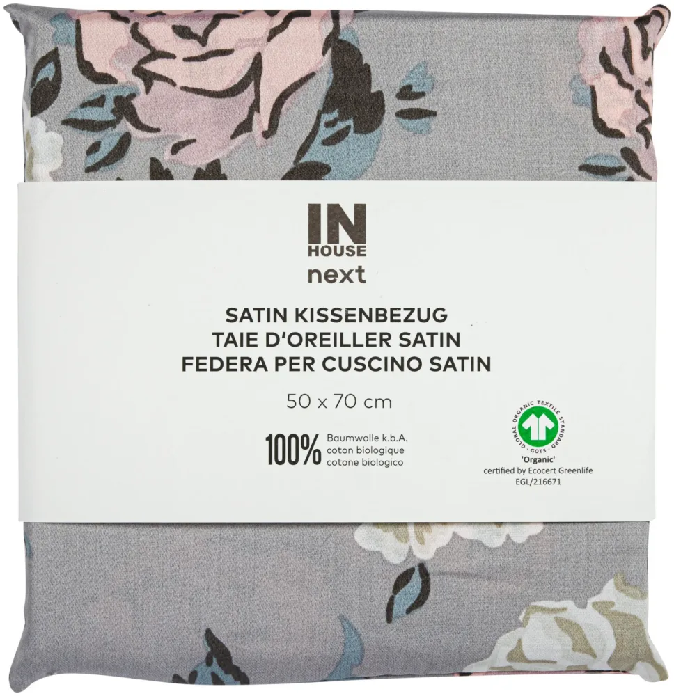 Inhouse Kissen Gots Satin 50x70 Rosen grau