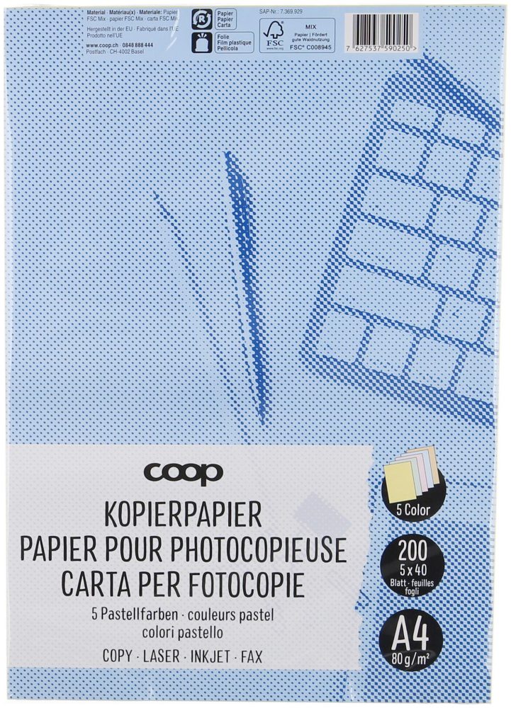 Coop Kopierpapier A4 80g, 5 Pastellfarben, 5x40 Blatt