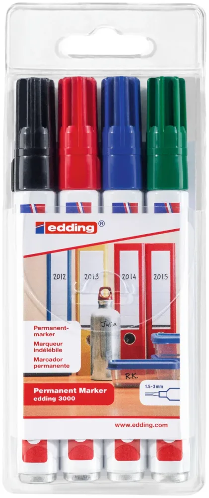 edding 3000 Rundspitze Permanentmarker Mittel Rundspitze 3 mm Farbig assortiert Nachfüllbar 4 Stück