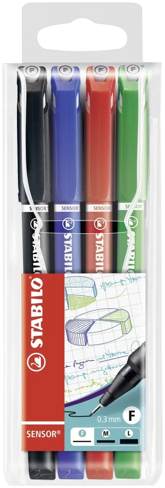 Stabilo Feinschreiber Sensor F fein 4er Etui schwarz, blau, rot, grün