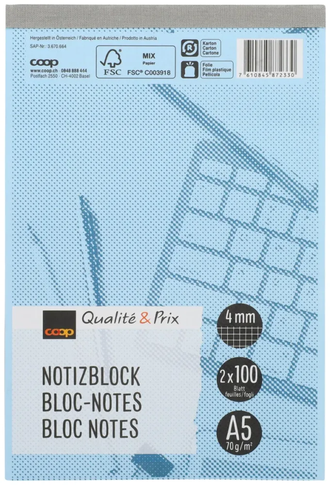 Coop Qualité & Prix Notizblock A5 kariert 100 Blatt 2 Stück