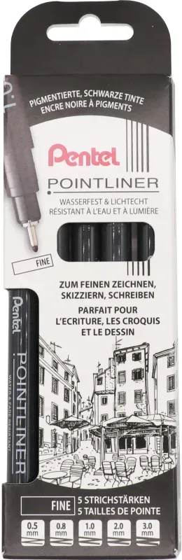 PENTEL Fineliner Pigment 5er Set YS20P-5F POINTLINER schwarz fine