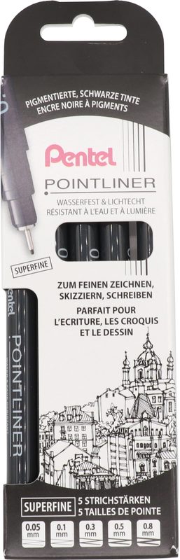 PENTEL Fineliner Pigment 5er Set YS20P-5A POINTLINER schwarz superfine