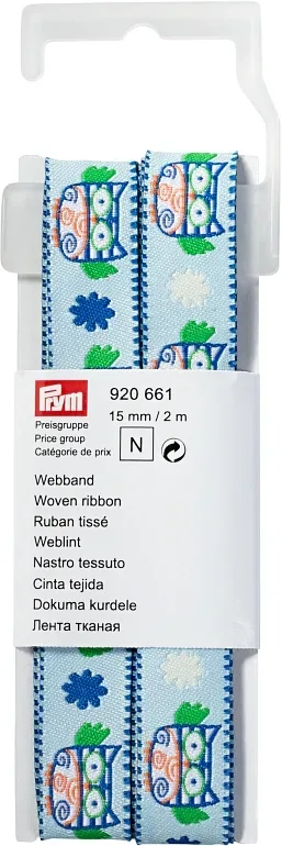 Prym Webband Eule, blau 15 mm, Coupon 2 m mit Haken