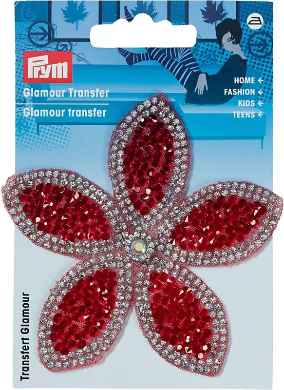 Prym Applikation Glamourtransfer Blume, rot & silber