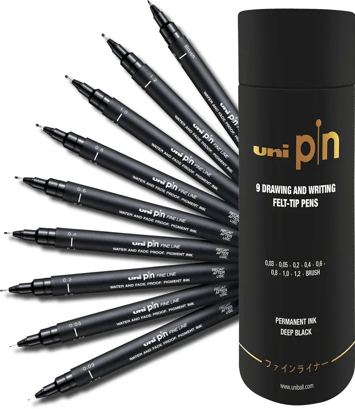 UNI-BALL Fineliner Pin Set PIN2009P schwarz, Tube 9 St&uuml;ck