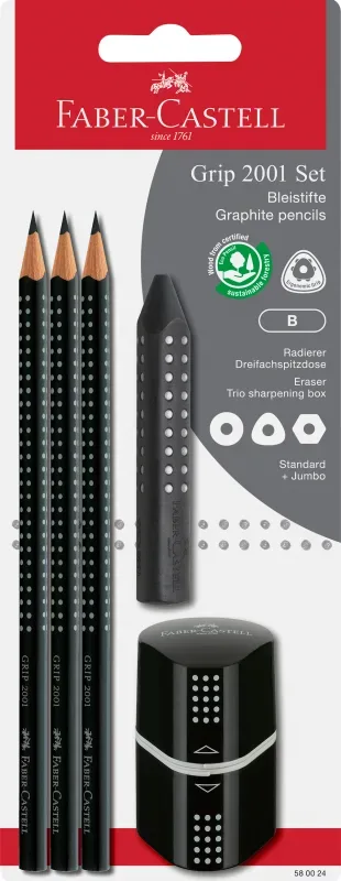 FABER-CASTELL Bleistift, Radierer, Spitzer B 580024 Grip Set 2001, schwarz