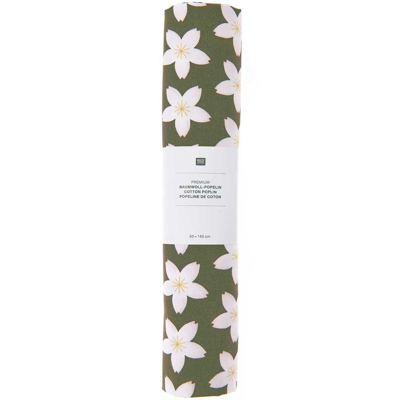 Rico Stoff Baumwoll-Popelin oliv, Kirschbl&uuml;ten, 50 x 140 cm 100% CO, 115 g / qm