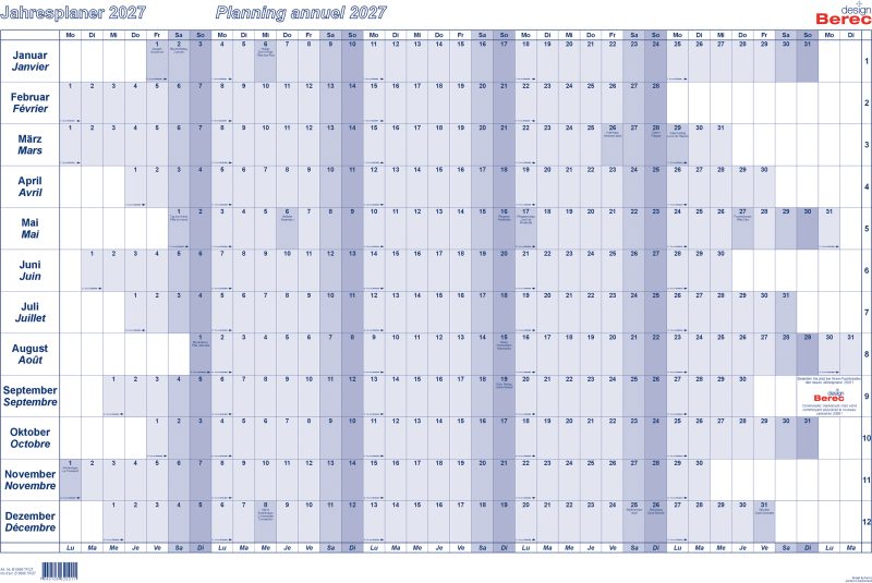 BEREC Jahresplaner quer 2025 B 5666 TF/25 1J/1S blau plastifiz. 60x90cm