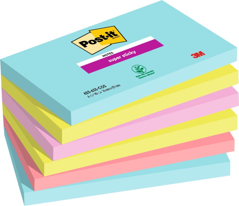 POST-IT Super Sticky Notes 127x76mm 6556SSMIA Miami 4 Farben 6x90 Blatt