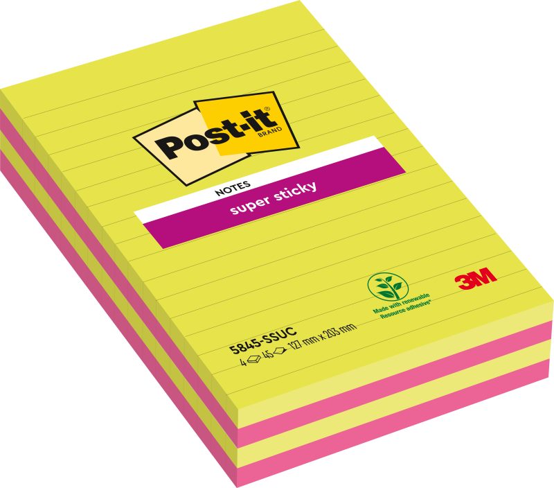 POST-IT Block Super Sticky 203x127mm 5845-SSUC gr&uuml;n/pink,4x45 Blatt,liniert