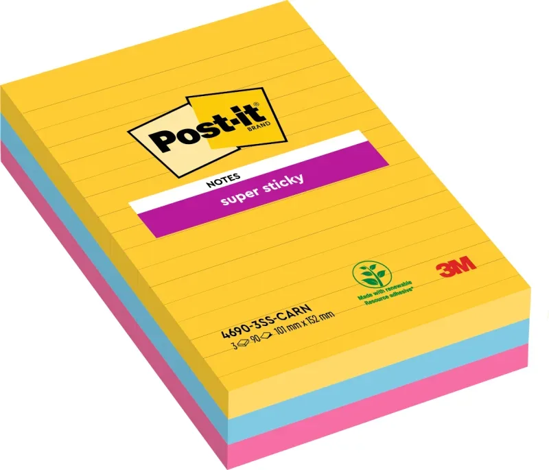 POST-IT SuperSticky Rio 152x101mm 4690SS3RI 3-farbig, liniert 3x90 Blatt
