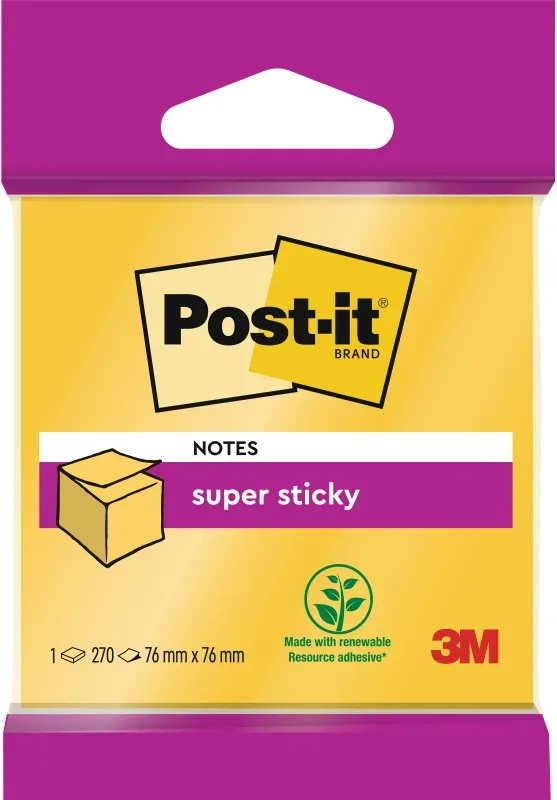 POST-IT Haftnotizen W&uuml;rfel 76x76mm 2014-S Super Sticky neongelb 270 Bl.