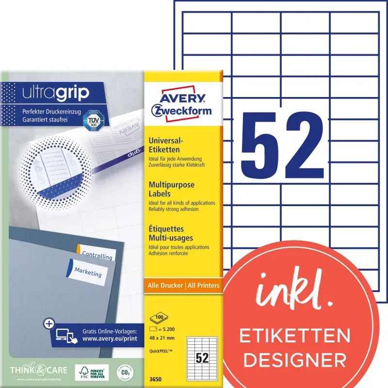AVERY ZWECKFORM Etiketten 48x21mm 3650 weiss 5200 Stk./100 Blatt