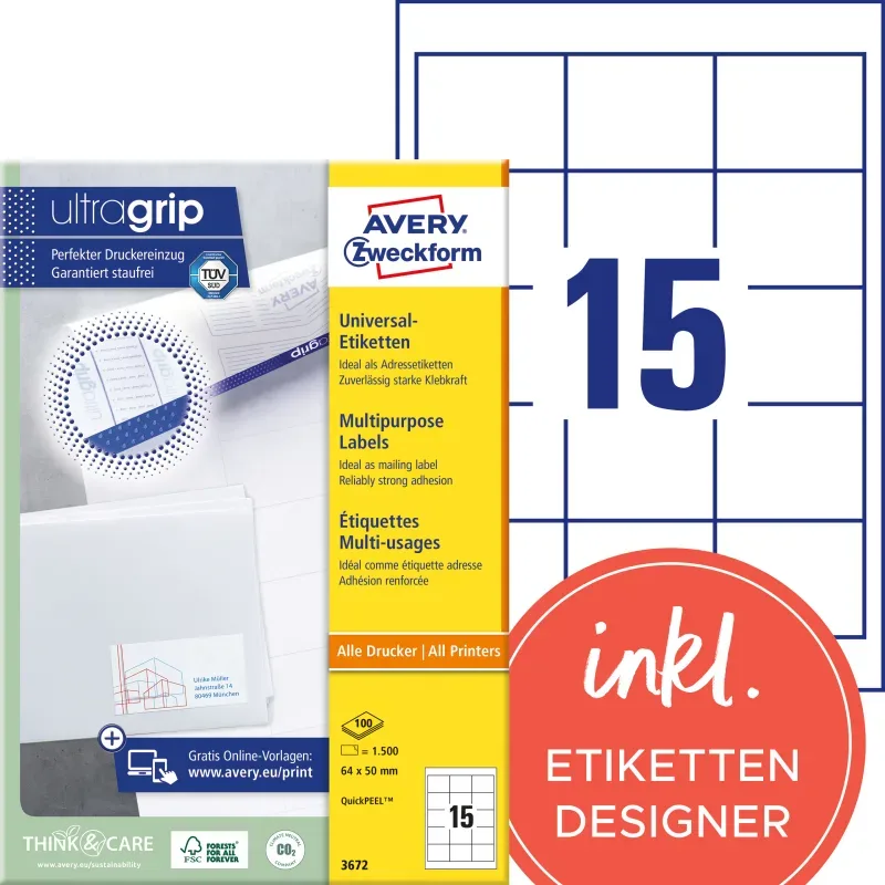 AVERY ZWECKFORM Etiketten 64x50mm 3672 weiss 1500 Stk./100 Blatt