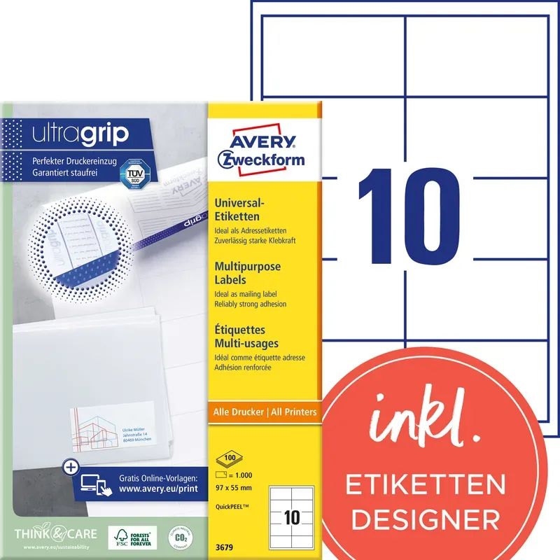 AVERY ZWECKFORM Etiketten 97x55mm 3679 weiss 1000 Stk./100 Blatt