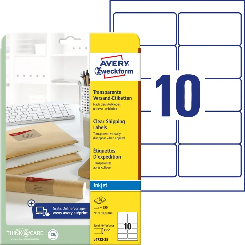 AVERY ZWECKFORM Etiketten 96x50,8mm J4722-25 transparent 250 St&uuml;ck