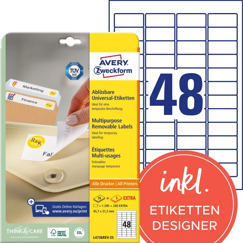 AVERY ZWECKFORM Etikett.Stick&Lift 45.7x21.2mm L4736REV-25 weiss 1440 Stk./25 + 5 Blatt