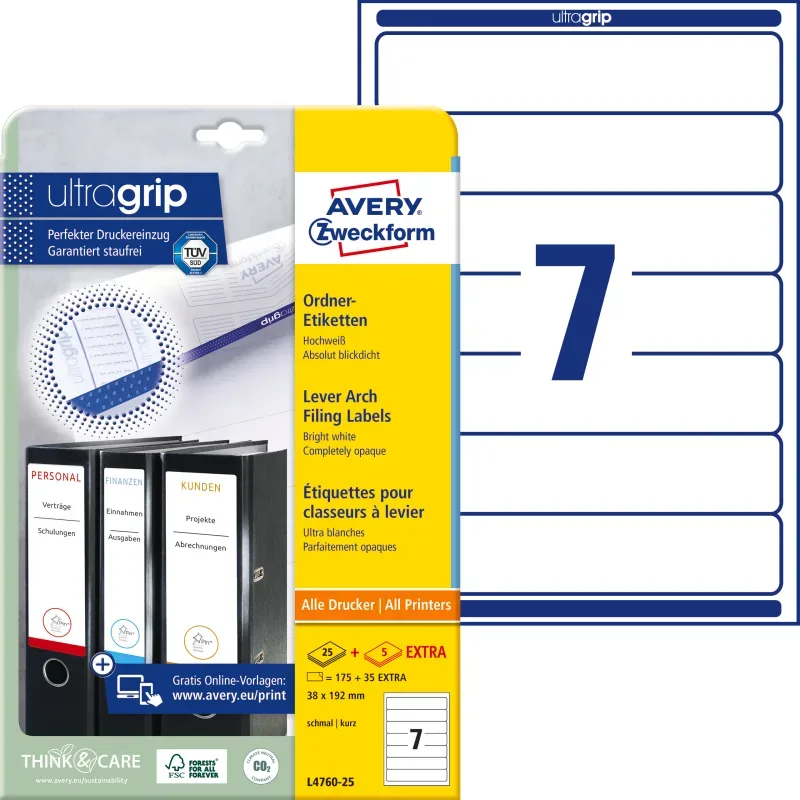 AVERY ZWECKFORM Ordner-Etiketten 38x192mm L4760-25 weiss 210 St&uuml;ck/25 + 5 Blatt