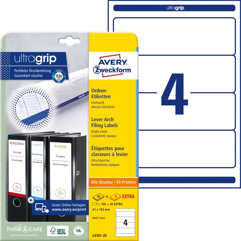 AVERY ZWECKFORM Ordner-Etiketten 61x192mm L4761-25 weiss 120 St&uuml;ck/25 + 5 Blatt