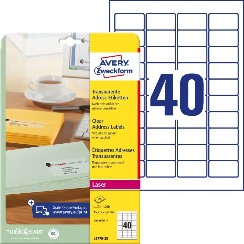 AVERY ZWECKFORM Adressetiketten 45,7x25,4mm L4770-25 Laser, transp. 1000Stk./25Bl.