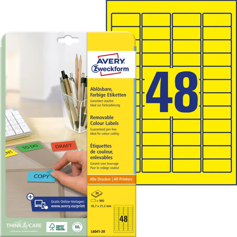 AVERY ZWECKFORM Etiketten 45,7x21,2mm L6041-20 gelb 960Stk./20Bl.