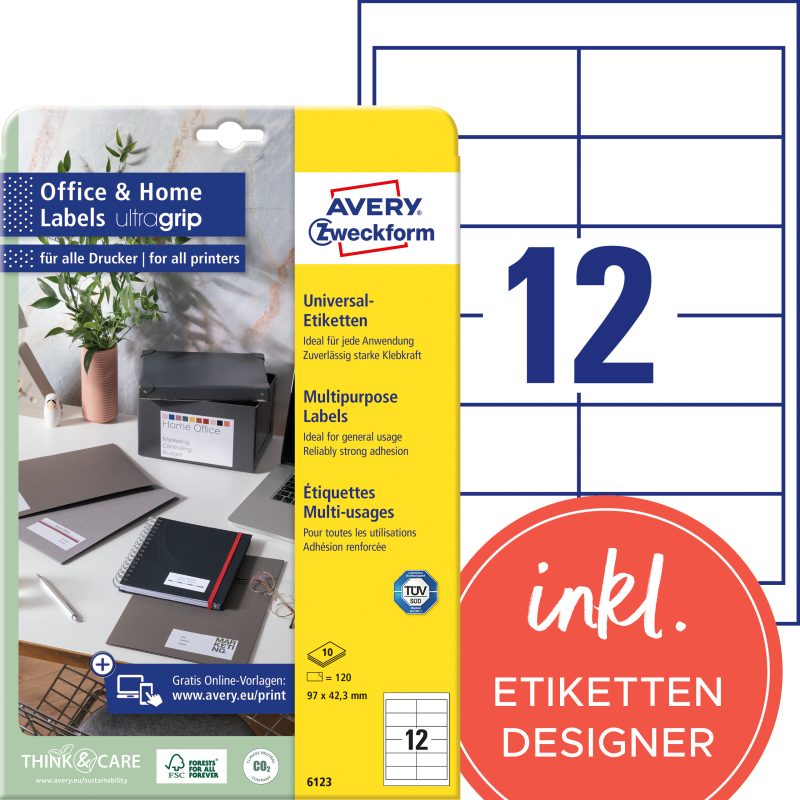AVERY ZWECKFORM Etiketten 97x42,3mm 6123 weiss 120 Stk./10 Blatt