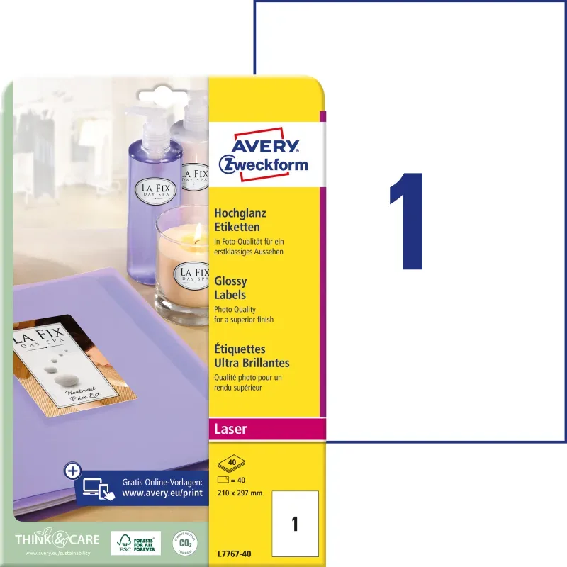 AVERY ZWECKFORM Etiketten A4 L7767-40 weiss, glossy 40 St&uuml;ck
