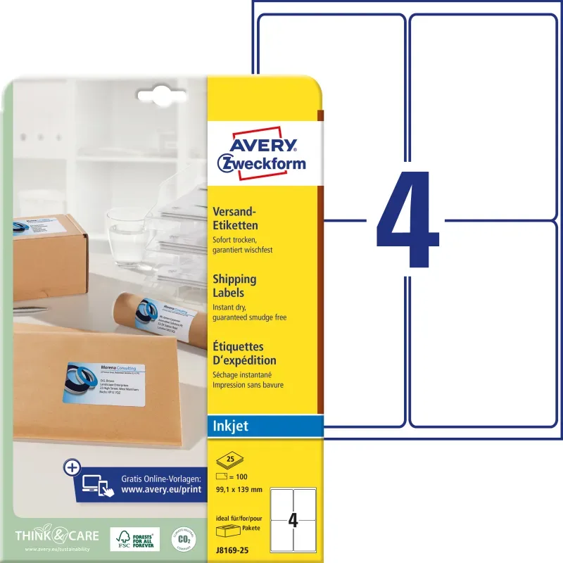 AVERY ZWECKFORM Adressetiketten 99,1x139mm J8169-25 weiss 100 St&uuml;ck