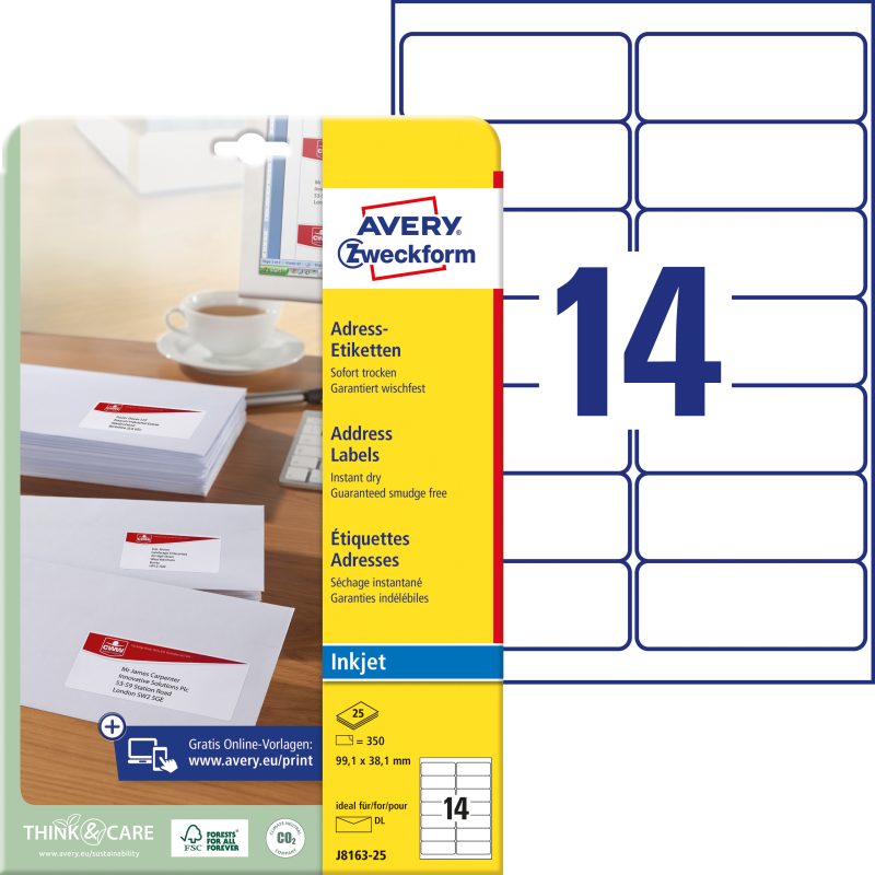 AVERY ZWECKFORM Adressetiketten 99,1x38,1mm J8163-25 weiss 350 St&uuml;ck