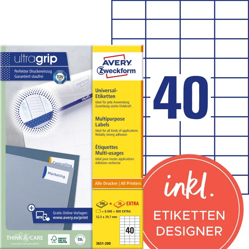 AVERY ZWECKFORM Etiketten 52,5&times;29,7mm 3651-200 weiss 8800 Stk./200+20 Blatt
