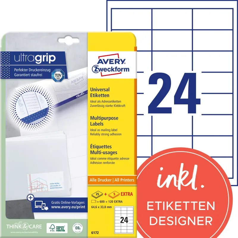 AVERY ZWECKFORM Universaletiketten 64,6x33,8mm 6172 weiss 720 Stk./25 + 5 Blatt