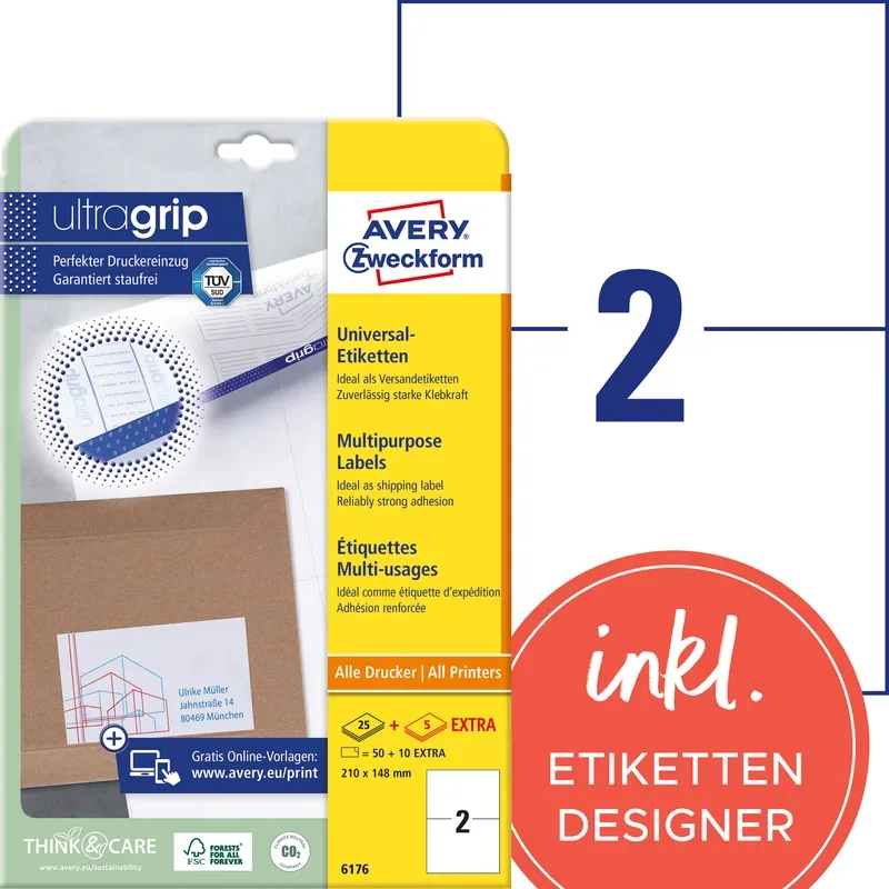 AVERY ZWECKFORM Universaletiketten 210x148mm 6176 weiss 60 Stk./25 + 5 Blatt
