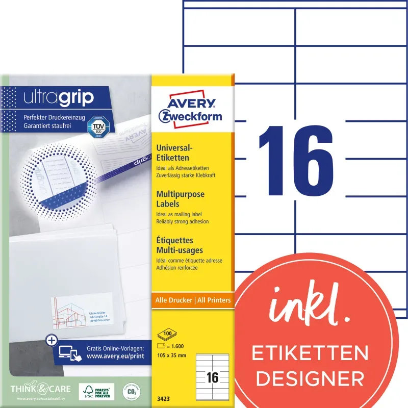 AVERY ZWECKFORM Etiketten 105&times;35mm 3423 weiss 1600 Stk./100 Blatt