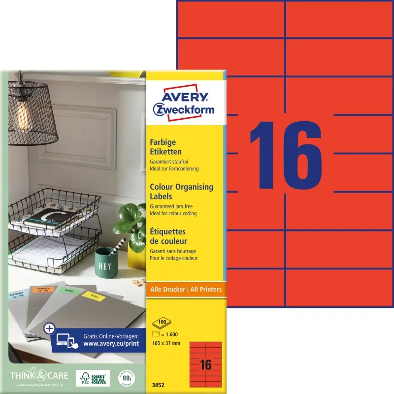 AVERY ZWECKFORM Etiketten 105&times;37mm 3452 rot 1600 St&uuml;ck