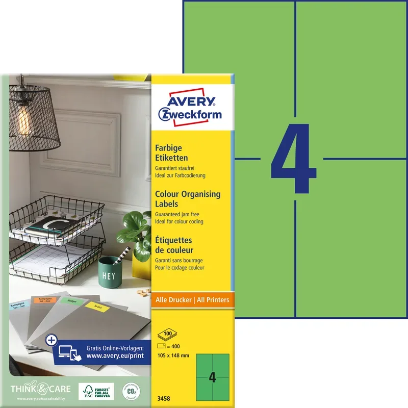 AVERY ZWECKFORM Etiketten 105x148mm 3458 Universal, gr&uuml;n 100Bl.4St.