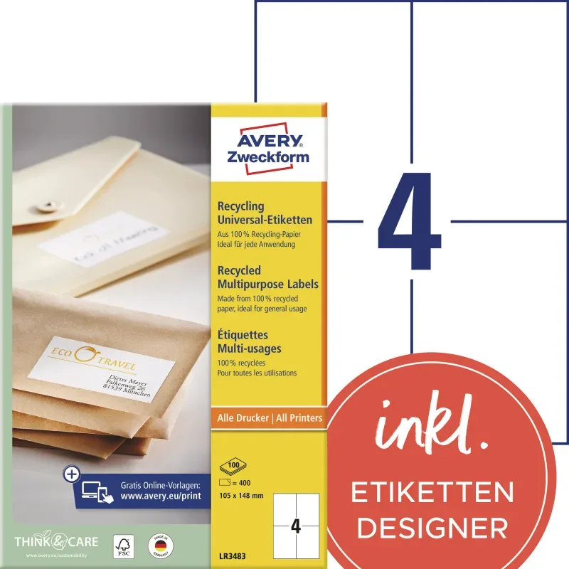 AVERY ZWECKFORM Etiketten 105x148mm LR3483 recycling 400 St&uuml;ck