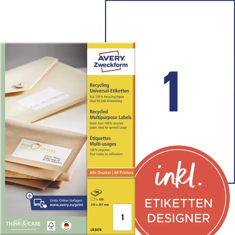 AVERY ZWECKFORM Etiketten 210x297mm LR3478 recycling 100 St&uuml;ck