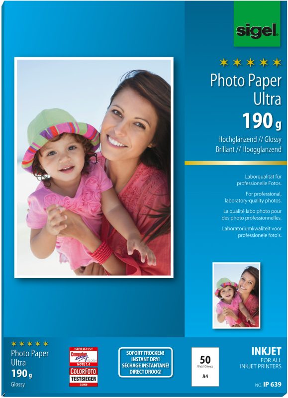 SIGEL InkJet Fotopapier A4 IP639 190g,glossy, weiss 50 Blatt
