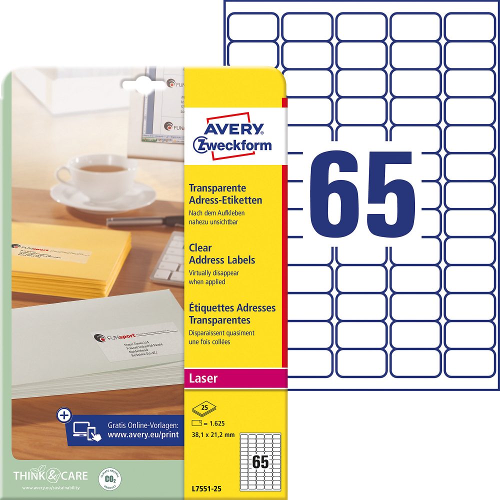 AVERY ZWECKFORM Adress-Etik. Laser 38x21,2mm L7551-25 transparent 1625 St./25 Blatt