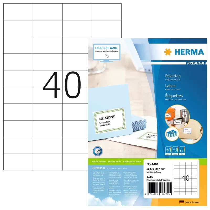 HERMA Universal-Etikett. 52,5x29,7mm 4461 weiss 4000 St./100 Blatt