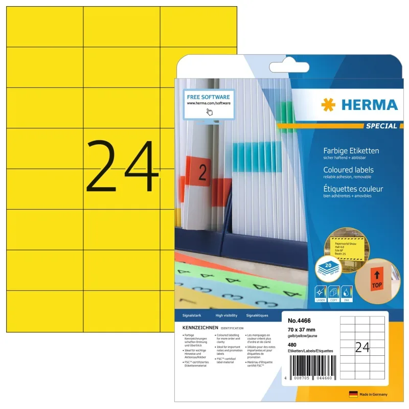 HERMA Universal-Etiketten 70x37mm 4466 gelb 480 St./20 Blatt