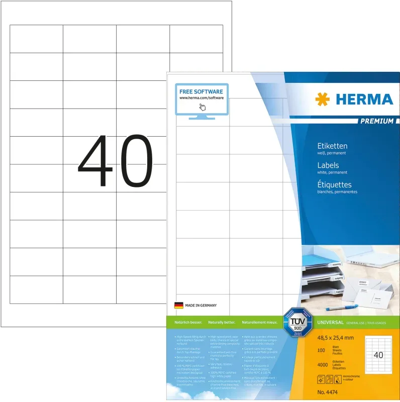 HERMA Etiketten Premium 48,5&times;25,4mm 4474 weiss 4000 St&uuml;ck