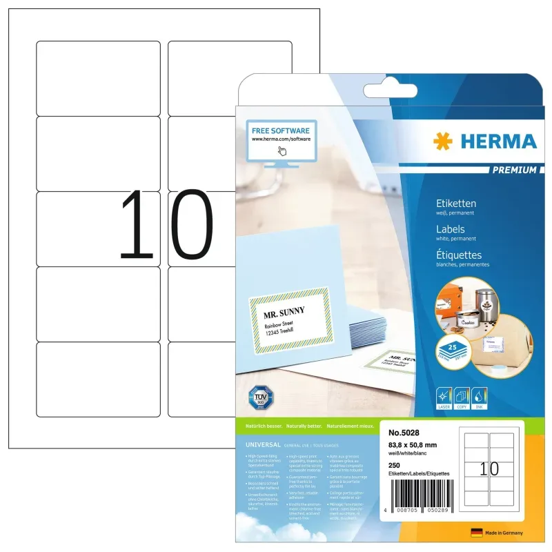 HERMA Etiketten Visitenkartengr&ouml;sse 5028 weiss, 250 Stk./ 10 Blatt
