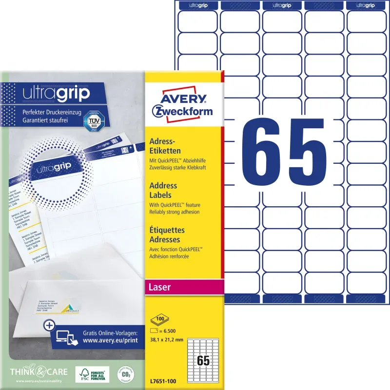 AVERY ZWECKFORM Adressetiketten 38,1x21,2mm L7651-100 weiss 6500 Stk./100 Blatt
